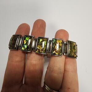 Silver Tone Link bracelet yellow and green accents  jb